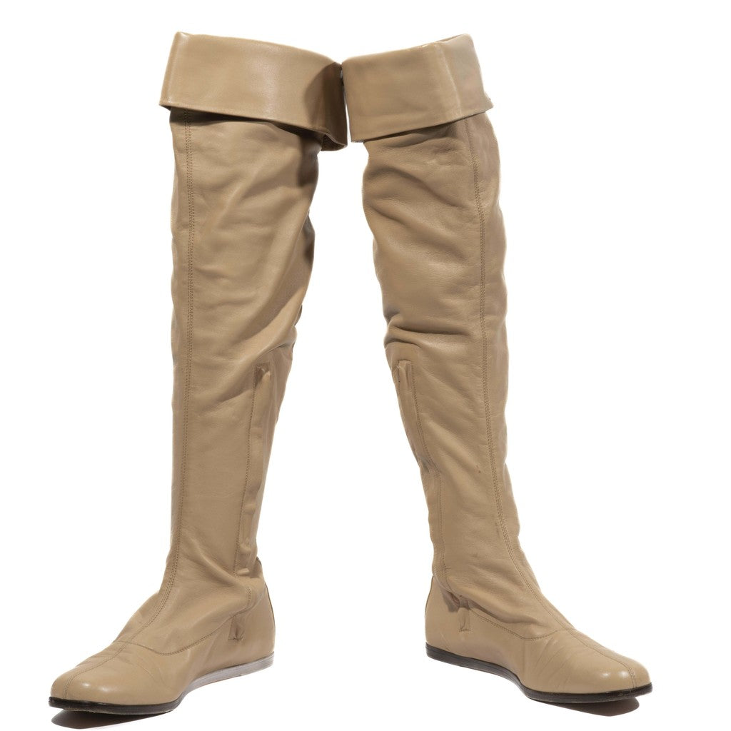 Chanel Beige Lambskin Thigh High Boots - Size 40.5 EU / 10.5 US