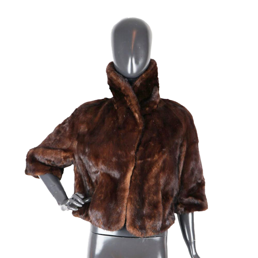Elegance Brown Mink Fur Bolero Jacket - Size 38