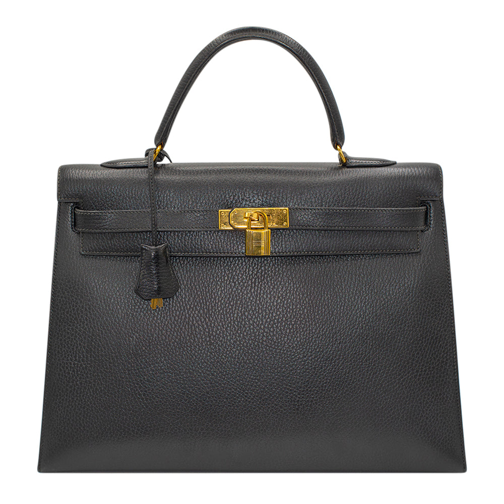 Hermès Black Vache Ardennes Sellier Kelly 35 with Gold Hardware