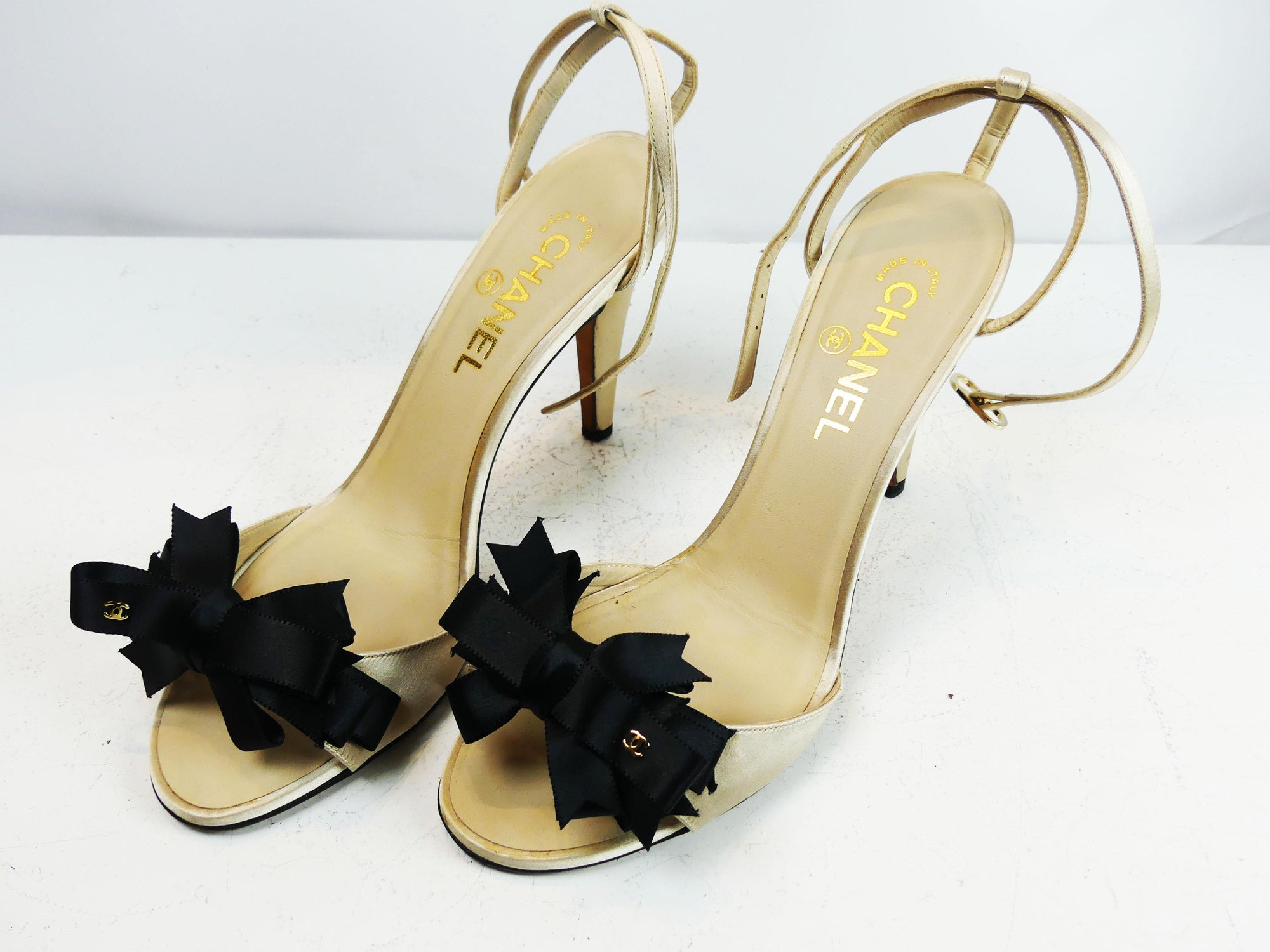 Chanel Cream Stiletto CC Sandals with Black Ribbon Bows - Size 40