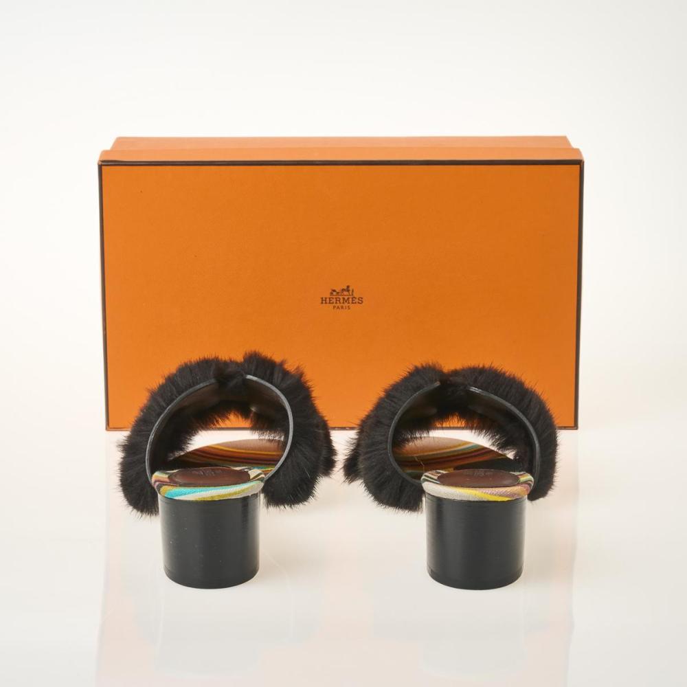 Hermès Black Mink Oasis Sandals -  Size 39 EU / 9 US