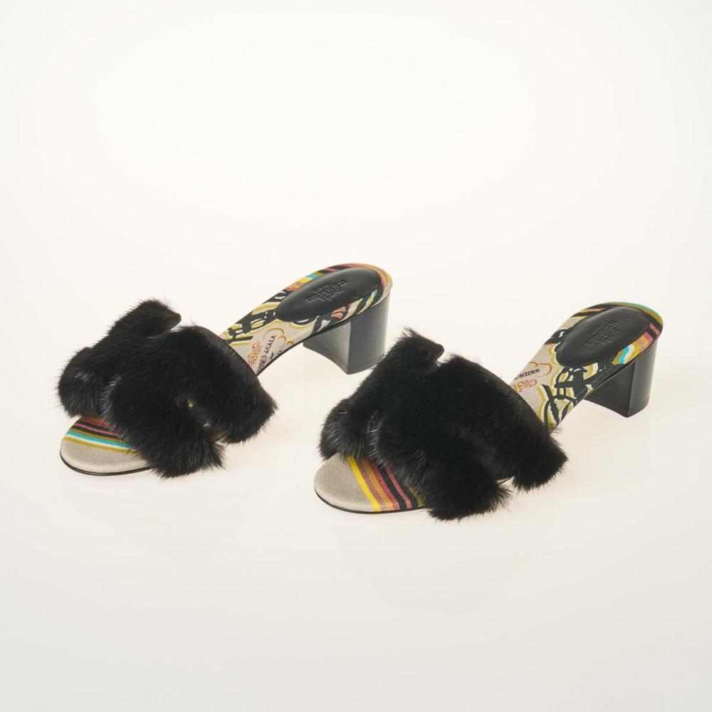 Hermès Black Mink Oasis Sandals -  Size 39 EU / 9 US