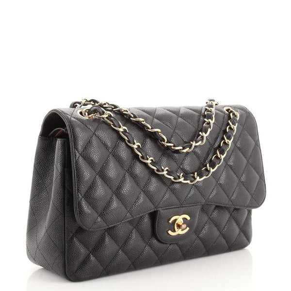 Chanel Black Quilted Caviar Jumbo Classic Double Flap Gold Hardware, 2018 (Very Good) - 2019, Womens Handbag