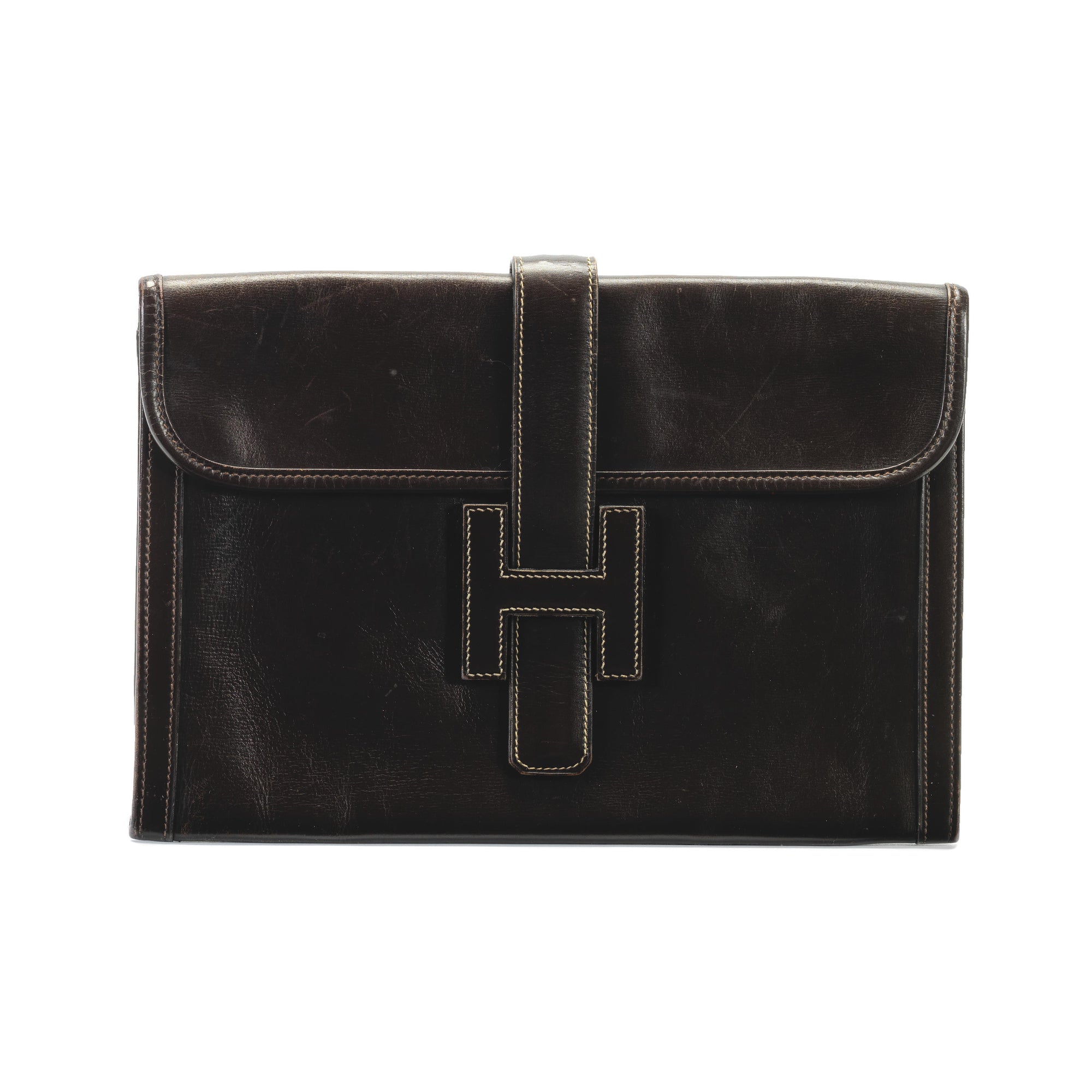 Hermès Chocolate Brown Box Leather Jige PM Clutch