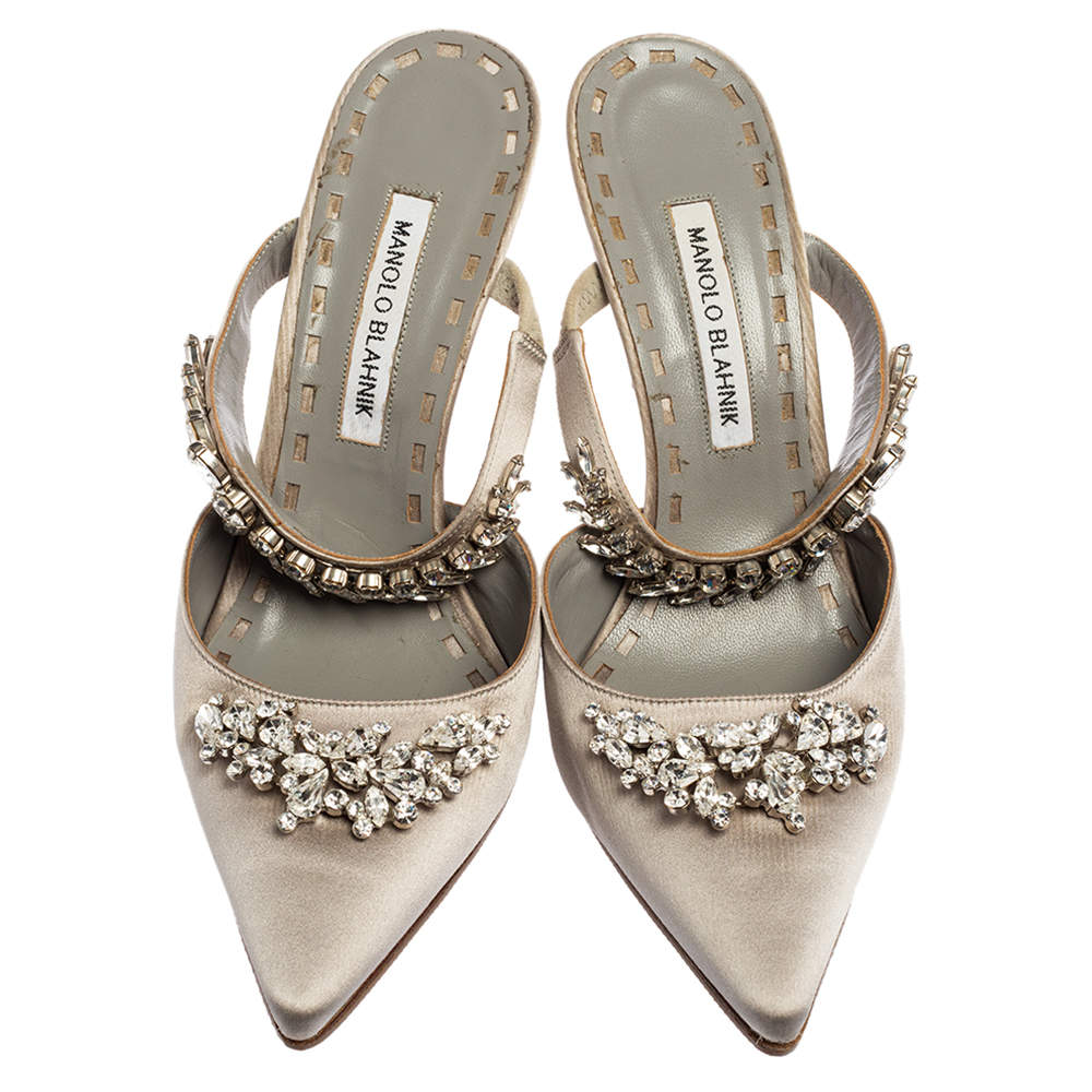 Manolo Blahnik Grey Satin Lurum Crystal Embellished Pointed Toe Sandals - Size 41 EU/ 11 US
